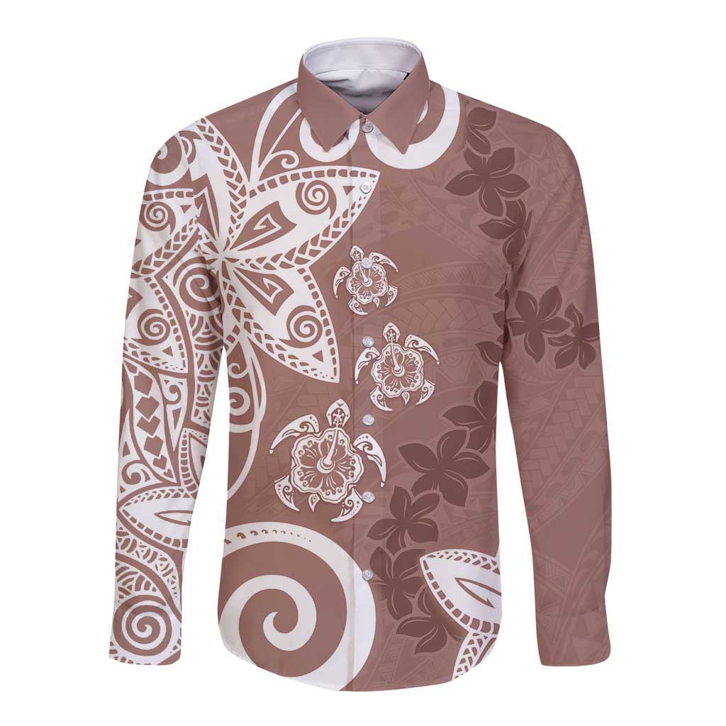 Polynesia Long Sleeve Button Shirt Brown Tribal Turtle Floral Pattern