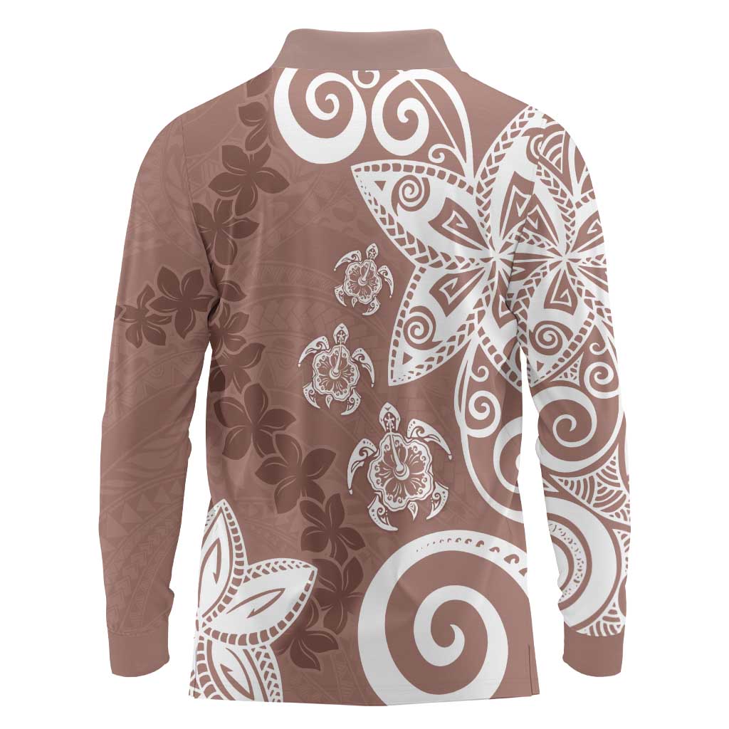 Polynesia Long Sleeve Polo Shirt Brown Tribal Turtle Floral Pattern