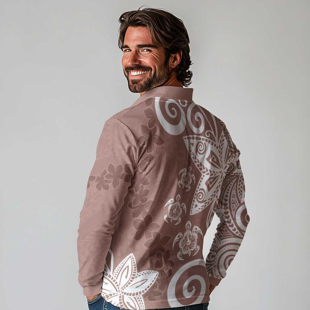 Polynesia Long Sleeve Polo Shirt Brown Tribal Turtle Floral Pattern