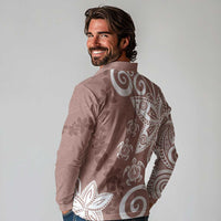 Polynesia Long Sleeve Polo Shirt Brown Tribal Turtle Floral Pattern