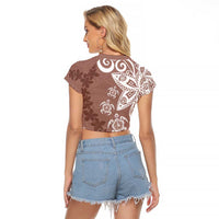 Polynesia Raglan Cropped T Shirt Brown Tribal Turtle Floral Pattern
