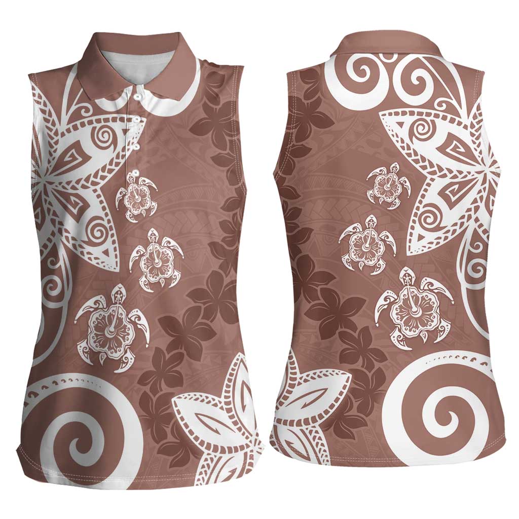 Polynesia Women Sleeveless Polo Shirt Brown Tribal Turtle Floral Pattern
