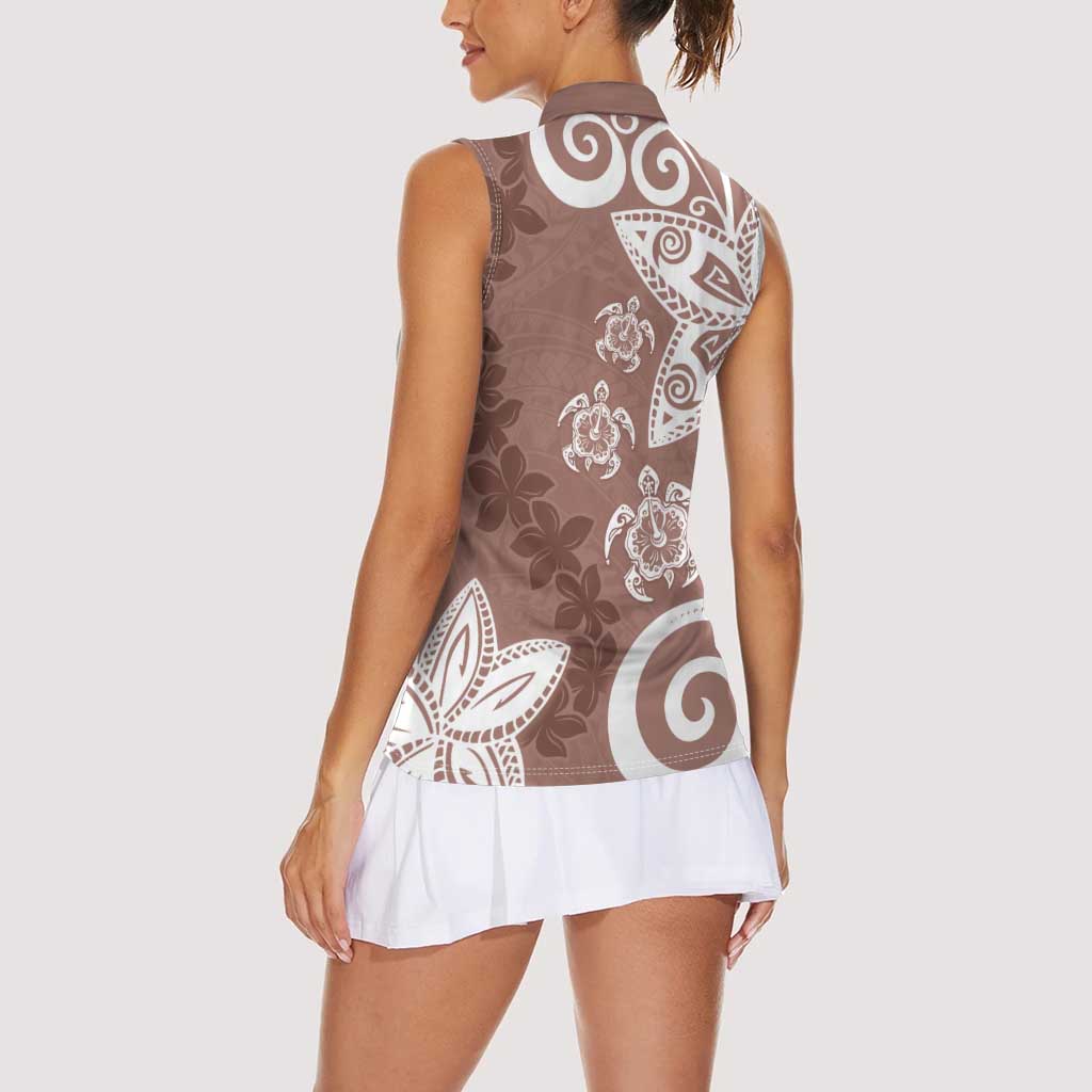 Polynesia Women Sleeveless Polo Shirt Brown Tribal Turtle Floral Pattern