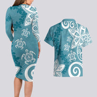 Polynesia Couples Matching Long Sleeve Bodycon Dress and Hawaiian Shirt Hippie Blue Tribal Turtle Floral Pattern