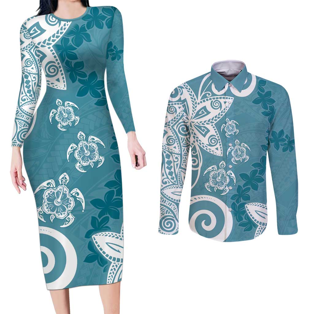 Polynesia Couples Matching Long Sleeve Bodycon Dress and Long Sleeve Button Shirt Hippie Blue Tribal Turtle Floral Pattern LT05 Blue - Polynesian Pride