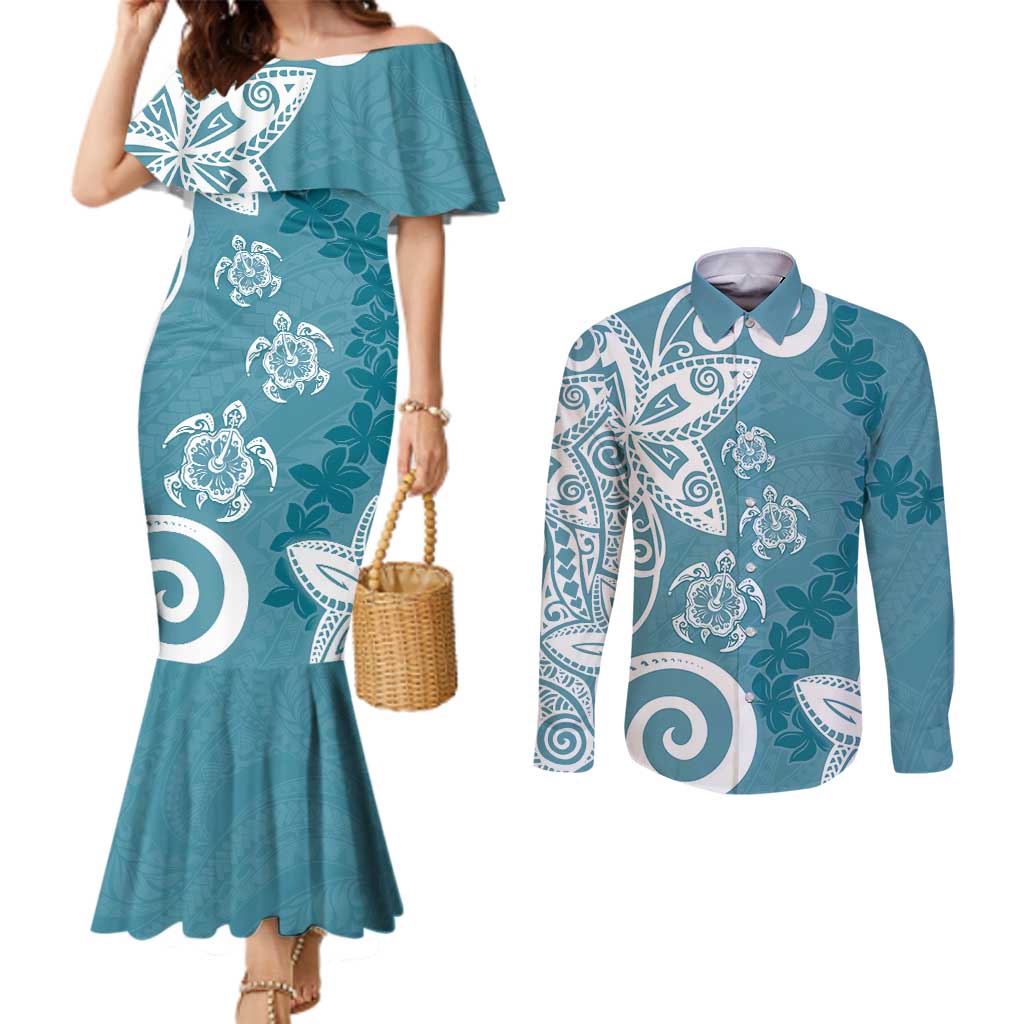 Polynesia Couples Matching Mermaid Dress and Long Sleeve Button Shirt Hippie Blue Tribal Turtle Floral Pattern LT05 Blue - Polynesian Pride