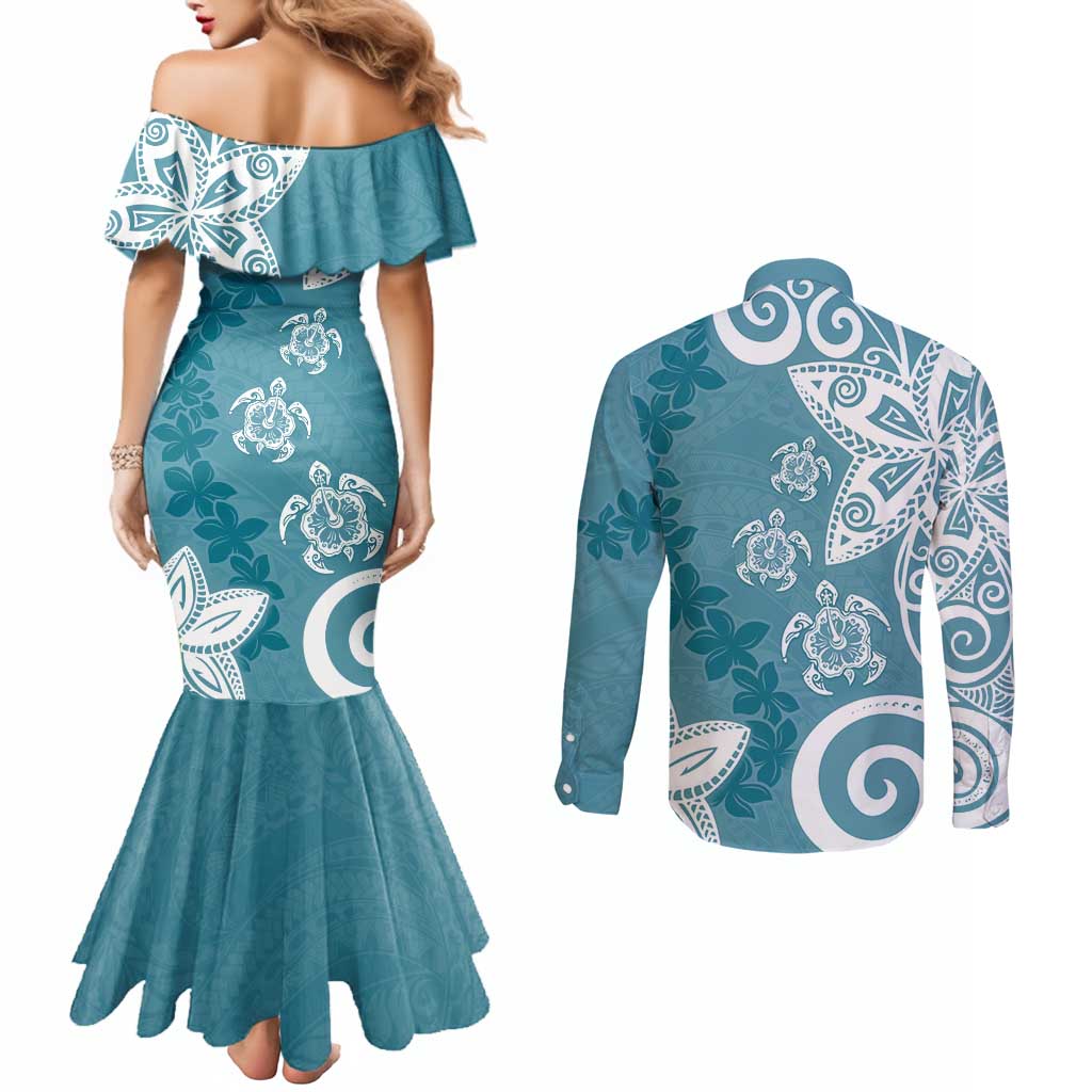 Polynesia Couples Matching Mermaid Dress and Long Sleeve Button Shirt Hippie Blue Tribal Turtle Floral Pattern