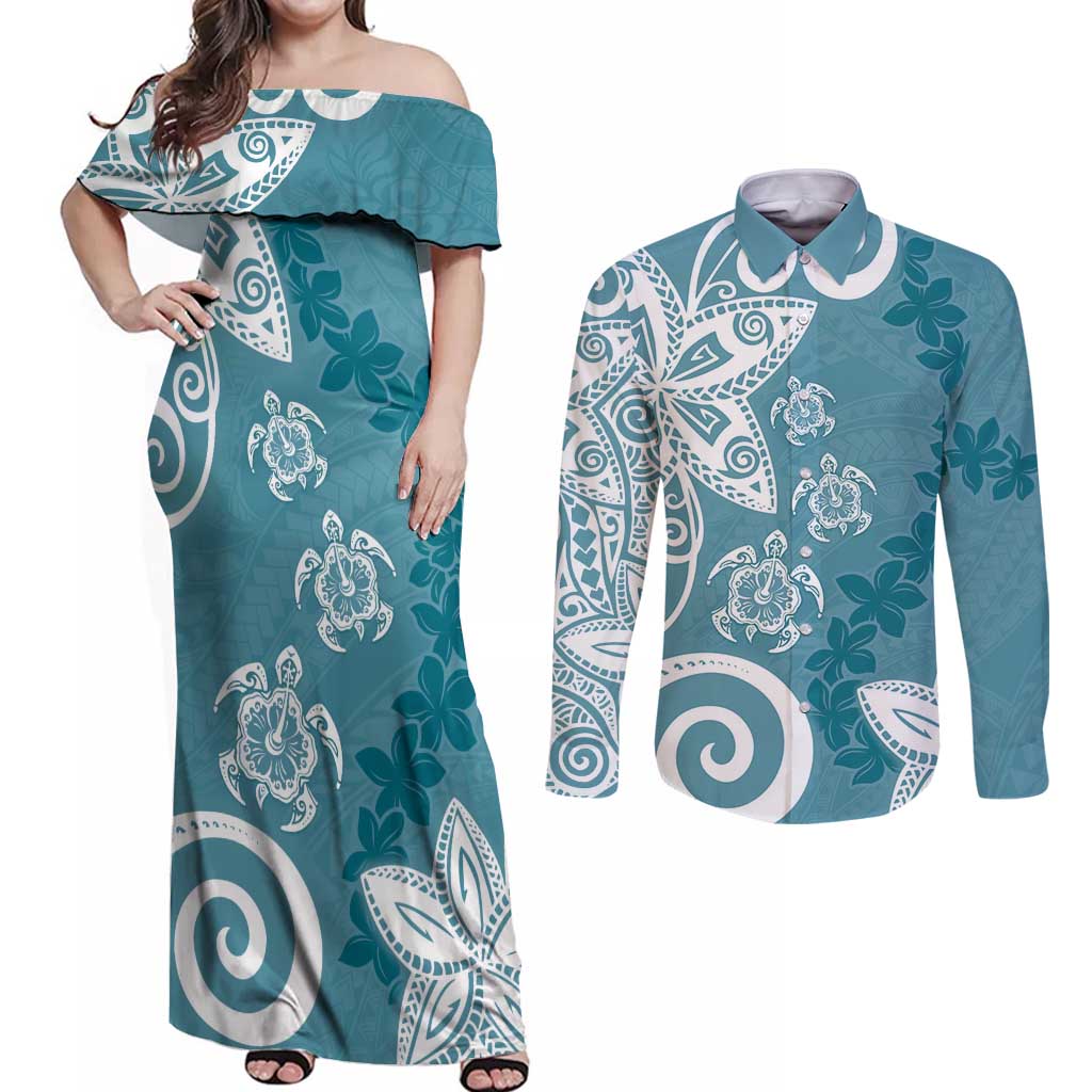 Polynesia Couples Matching Off Shoulder Maxi Dress and Long Sleeve Button Shirt Hippie Blue Tribal Turtle Floral Pattern LT05 Blue - Polynesian Pride