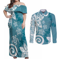 Polynesia Couples Matching Off Shoulder Maxi Dress and Long Sleeve Button Shirt Hippie Blue Tribal Turtle Floral Pattern