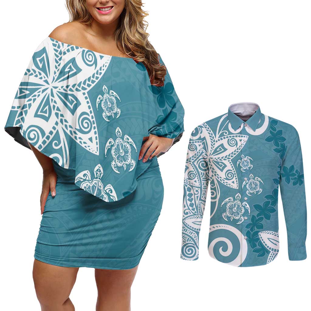 Polynesia Couples Matching Off Shoulder Short Dress and Long Sleeve Button Shirt Hippie Blue Tribal Turtle Floral Pattern
