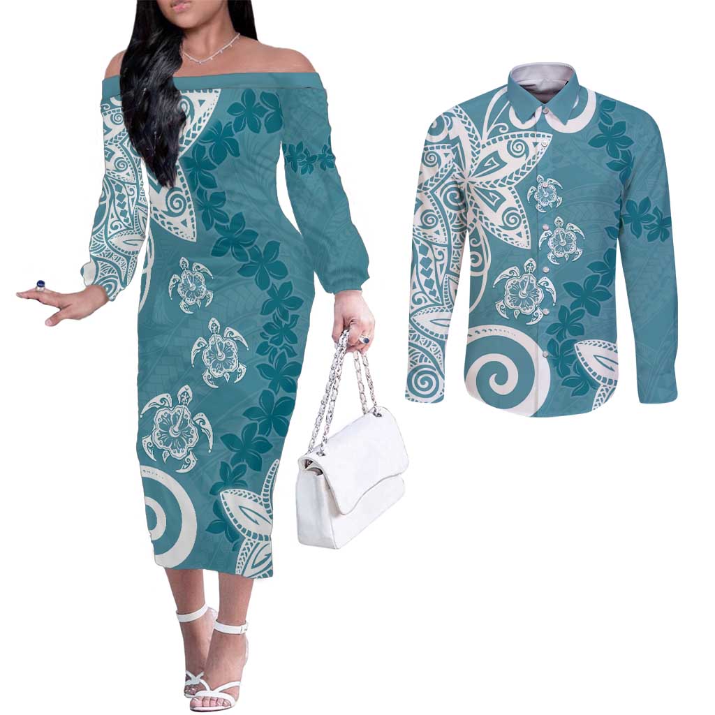 Polynesia Couples Matching Off The Shoulder Long Sleeve Dress and Long Sleeve Button Shirt Hippie Blue Tribal Turtle Floral Pattern LT05 Blue - Polynesian Pride