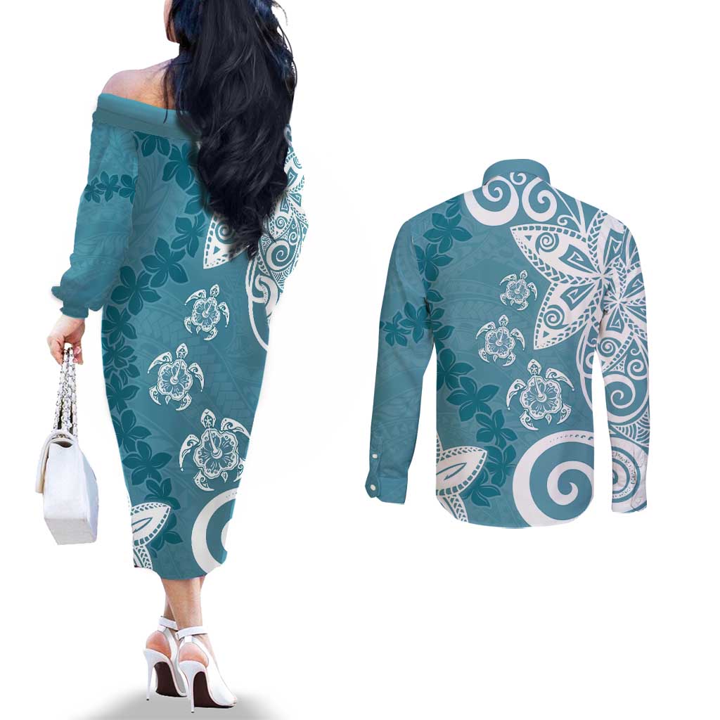 Polynesia Couples Matching Off The Shoulder Long Sleeve Dress and Long Sleeve Button Shirt Hippie Blue Tribal Turtle Floral Pattern