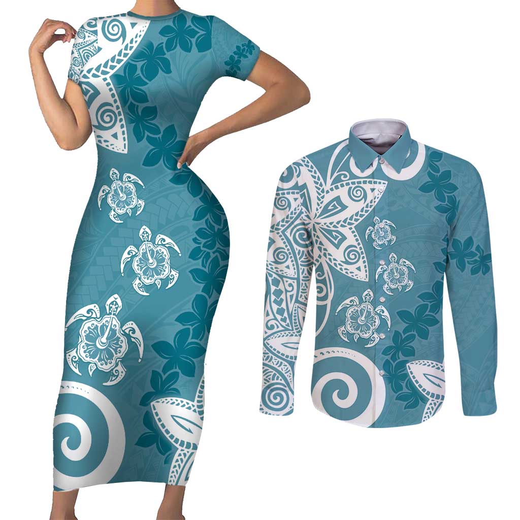 Polynesia Couples Matching Short Sleeve Bodycon Dress and Long Sleeve Button Shirt Hippie Blue Tribal Turtle Floral Pattern