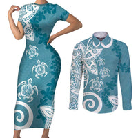 Polynesia Couples Matching Short Sleeve Bodycon Dress and Long Sleeve Button Shirt Hippie Blue Tribal Turtle Floral Pattern