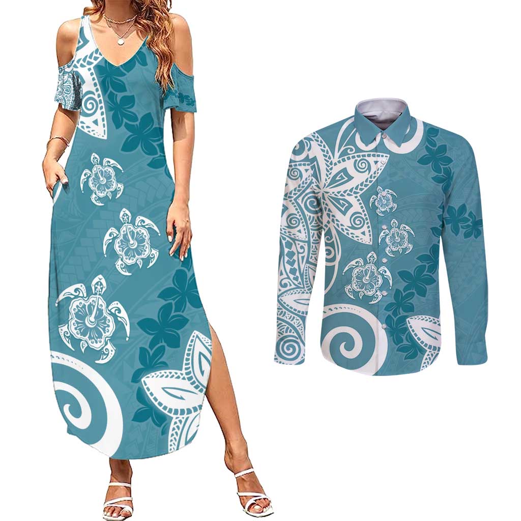 Polynesia Couples Matching Summer Maxi Dress and Long Sleeve Button Shirt Hippie Blue Tribal Turtle Floral Pattern LT05 Blue - Polynesian Pride