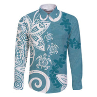 Polynesia Family Matching Off Shoulder Short Dress and Hawaiian Shirt Hippie Blue Tribal Turtle Floral Pattern LT05 Dad's Shirt - Long Sleeve Blue - Polynesian Pride