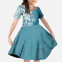 Polynesia Family Matching Short Sleeve Bodycon Dress and Hawaiian Shirt Hippie Blue Tribal Turtle Floral Pattern LT05 Daughter's Dress Blue - Polynesian Pride