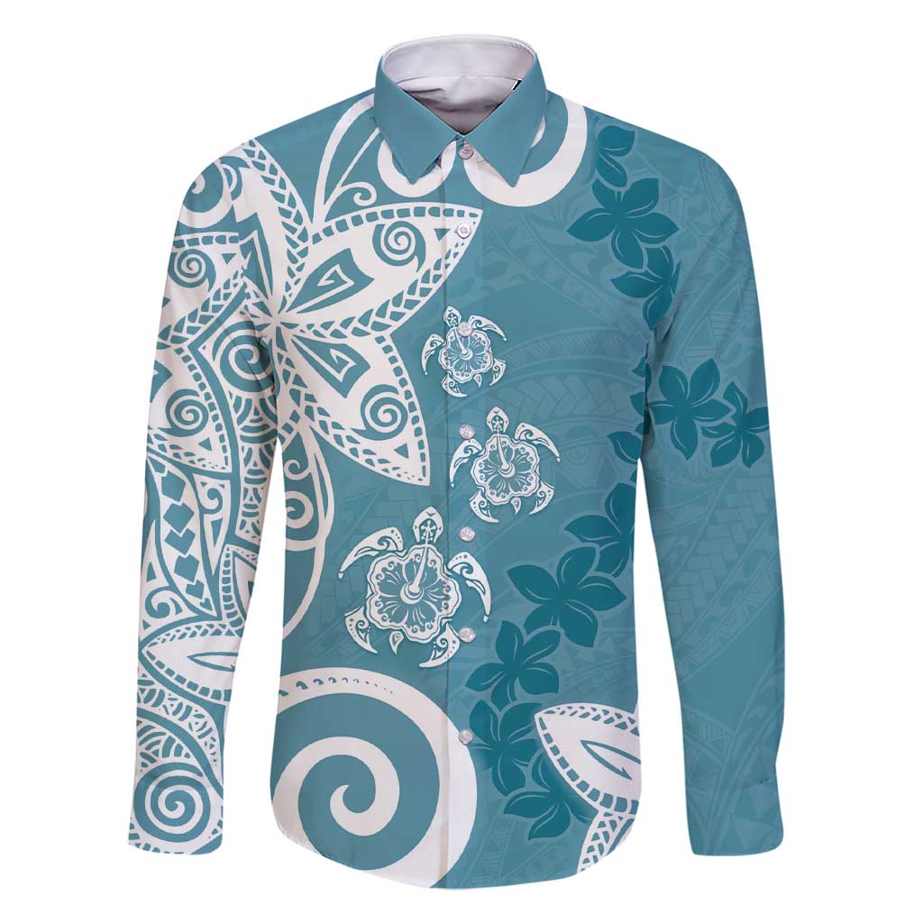 Polynesia Family Matching Short Sleeve Bodycon Dress and Hawaiian Shirt Hippie Blue Tribal Turtle Floral Pattern LT05 Dad's Shirt - Long Sleeve Blue - Polynesian Pride