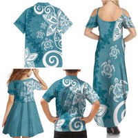 Polynesia Family Matching Summer Maxi Dress and Hawaiian Shirt Hippie Blue Tribal Turtle Floral Pattern