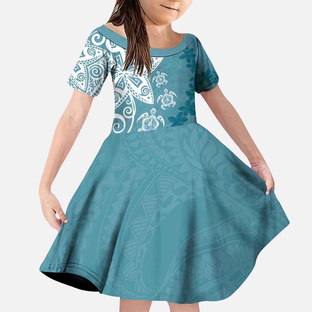 Polynesia Kid Short Sleeve Dress Hippie Blue Tribal Turtle Floral Pattern LT05 KID Blue - Polynesian Pride