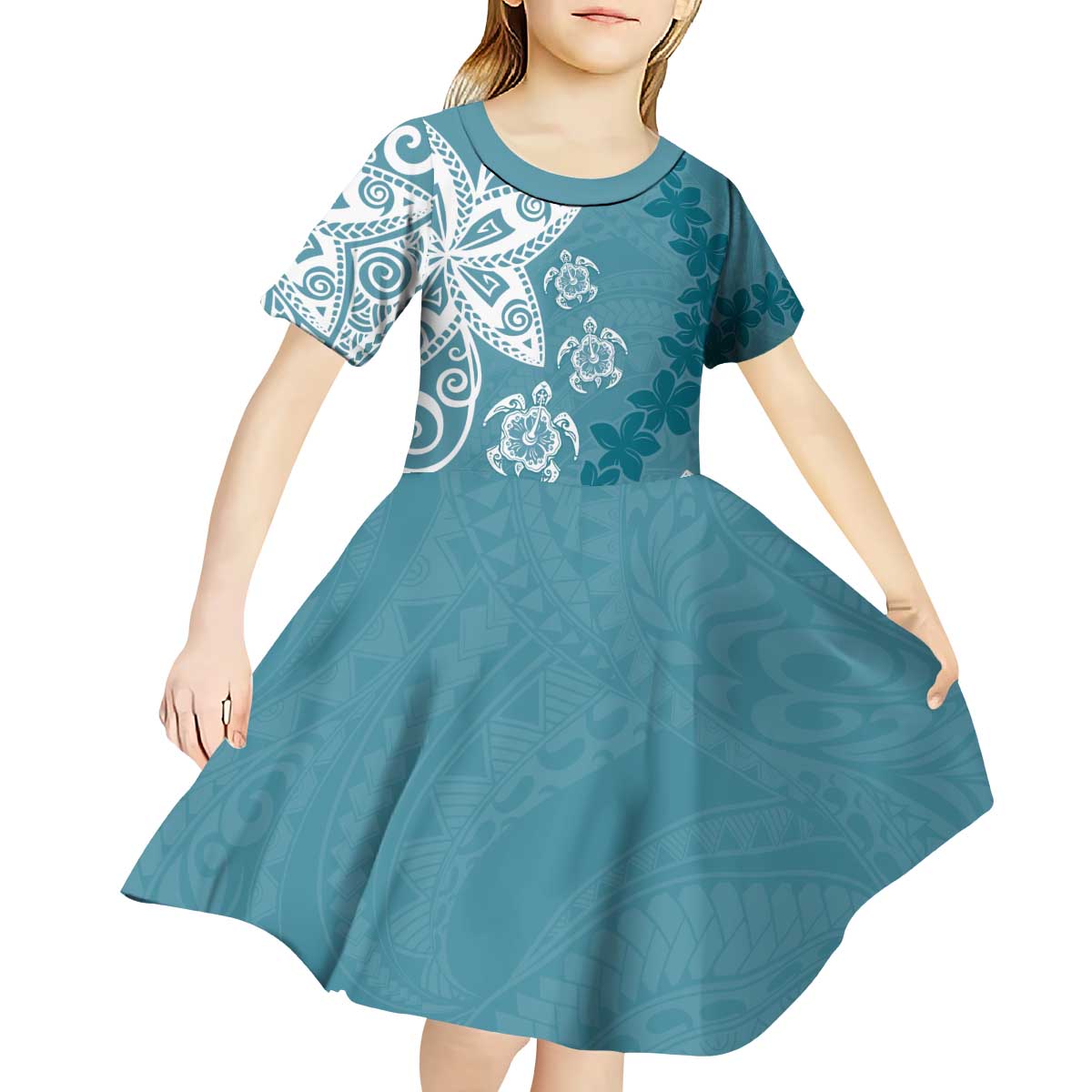 Polynesia Kid Short Sleeve Dress Hippie Blue Tribal Turtle Floral Pattern LT05 - Polynesian Pride