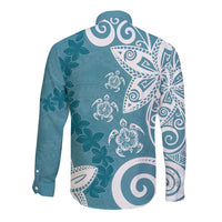 Polynesia Long Sleeve Button Shirt Hippie Blue Tribal Turtle Floral Pattern