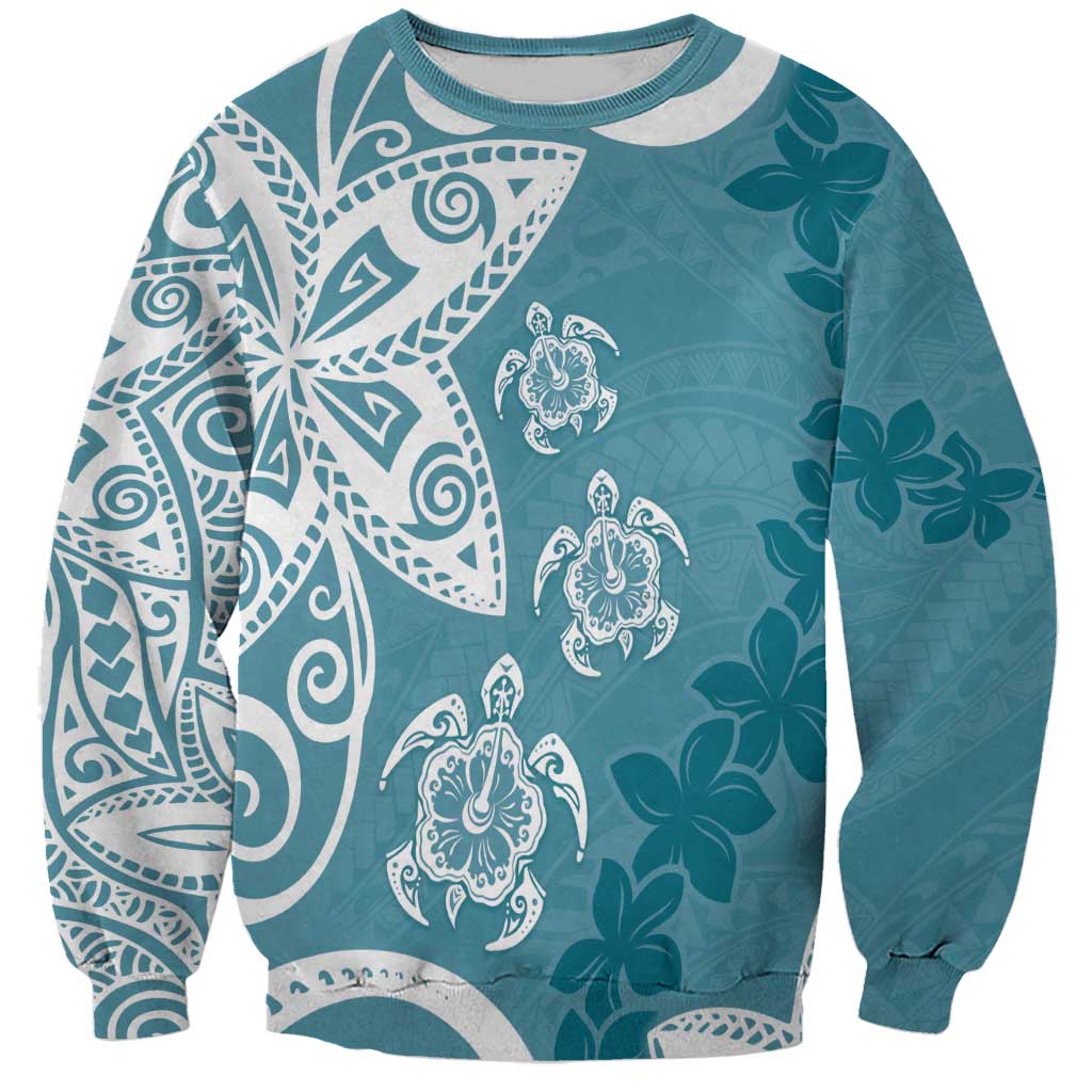 Polynesia Sweatshirt Hippie Blue Tribal Turtle Floral Pattern