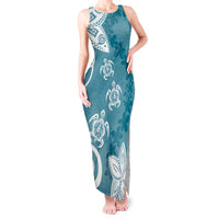 Polynesia Tank Maxi Dress Hippie Blue Tribal Turtle Floral Pattern