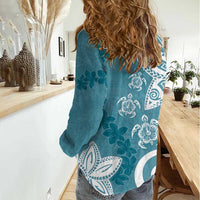 Polynesia Women Casual Shirt Hippie Blue Tribal Turtle Floral Pattern