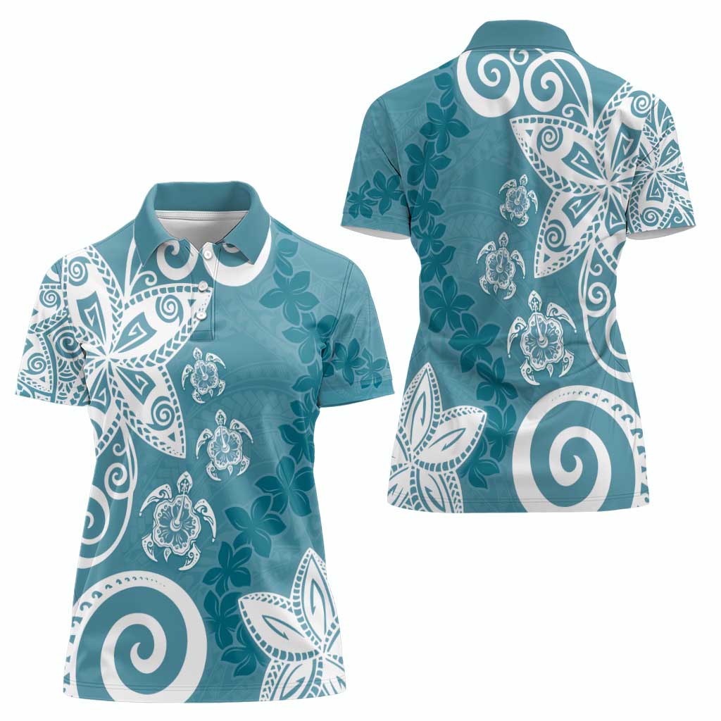 Polynesia Women Polo Shirt Hippie Blue Tribal Turtle Floral Pattern