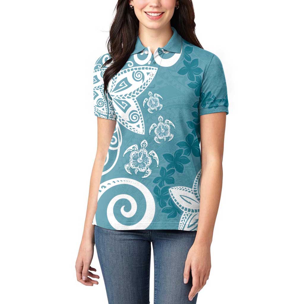 Polynesia Women Polo Shirt Hippie Blue Tribal Turtle Floral Pattern