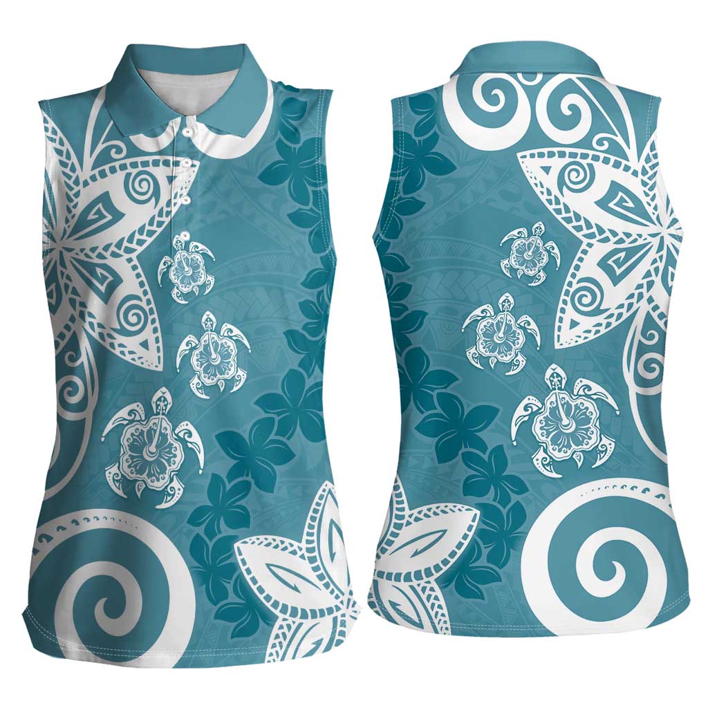 Polynesia Women Sleeveless Polo Shirt Hippie Blue Tribal Turtle Floral Pattern