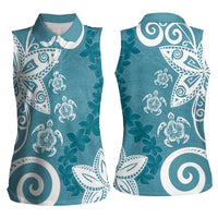 Polynesia Women Sleeveless Polo Shirt Hippie Blue Tribal Turtle Floral Pattern