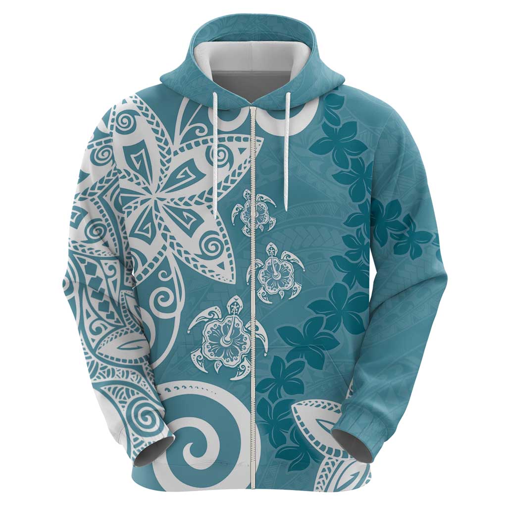 Polynesia Zip Hoodie Hippie Blue Tribal Turtle Floral Pattern LT05 - Polynesian Pride