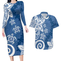Polynesia Couples Matching Long Sleeve Bodycon Dress and Hawaiian Shirt Blue Tribal Turtle Floral Pattern