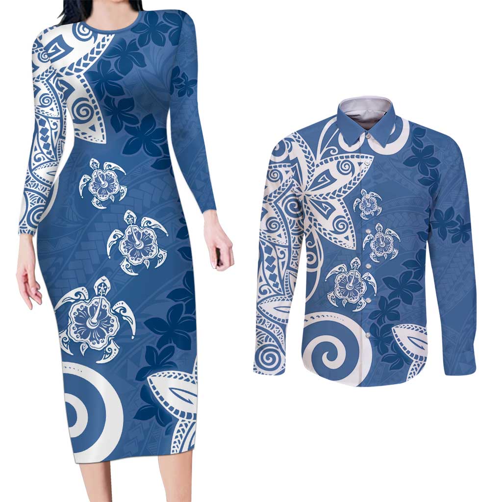 Polynesia Couples Matching Long Sleeve Bodycon Dress and Long Sleeve Button Shirt Blue Tribal Turtle Floral Pattern
