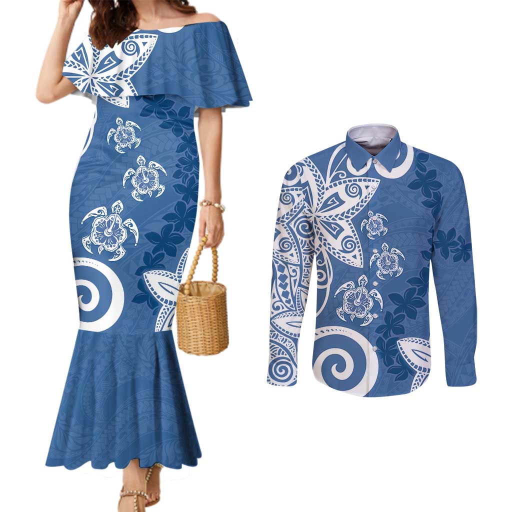 Polynesia Couples Matching Mermaid Dress and Long Sleeve Button Shirt Blue Tribal Turtle Floral Pattern LT05 Blue - Polynesian Pride