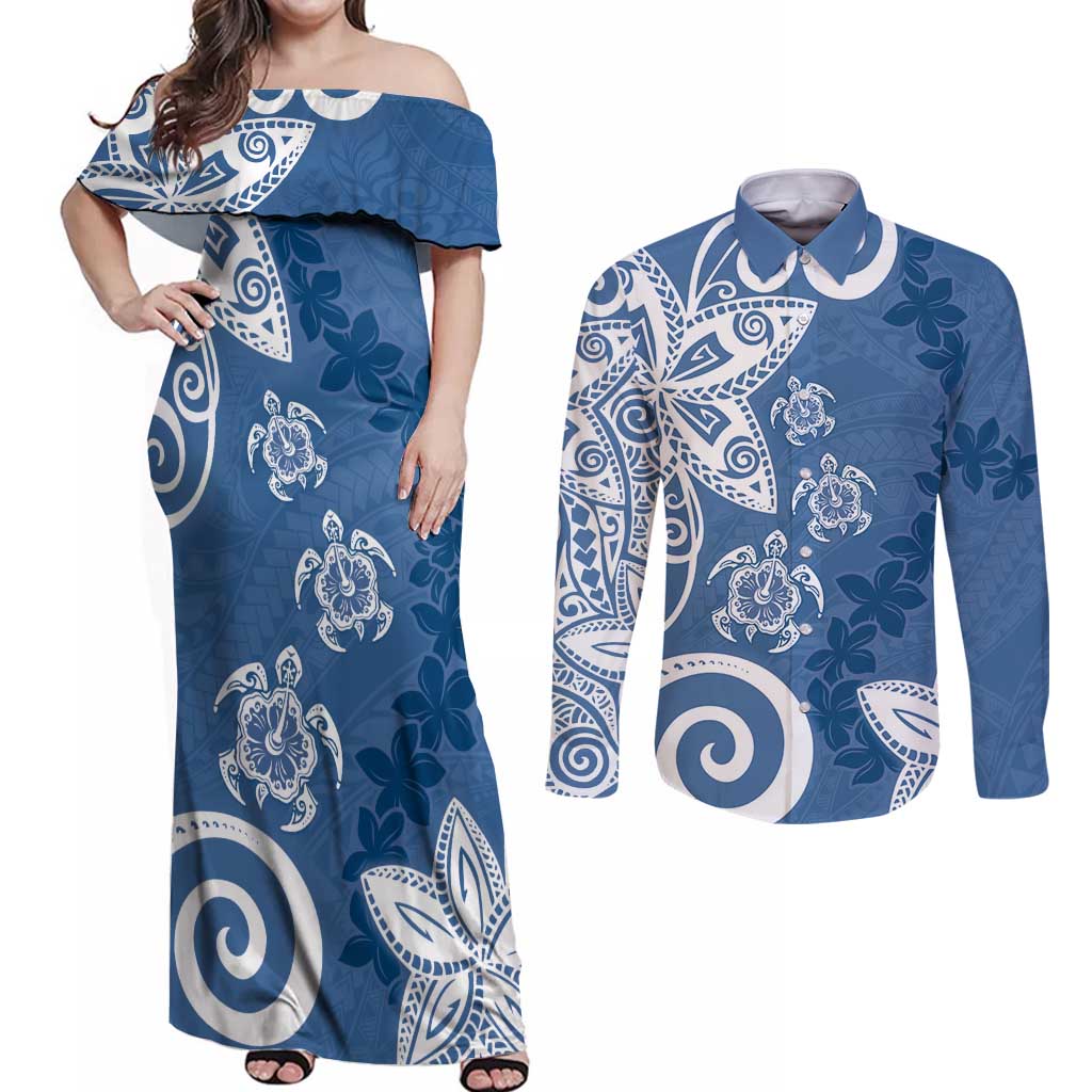 Polynesia Couples Matching Off Shoulder Maxi Dress and Long Sleeve Button Shirt Blue Tribal Turtle Floral Pattern LT05 Blue - Polynesian Pride