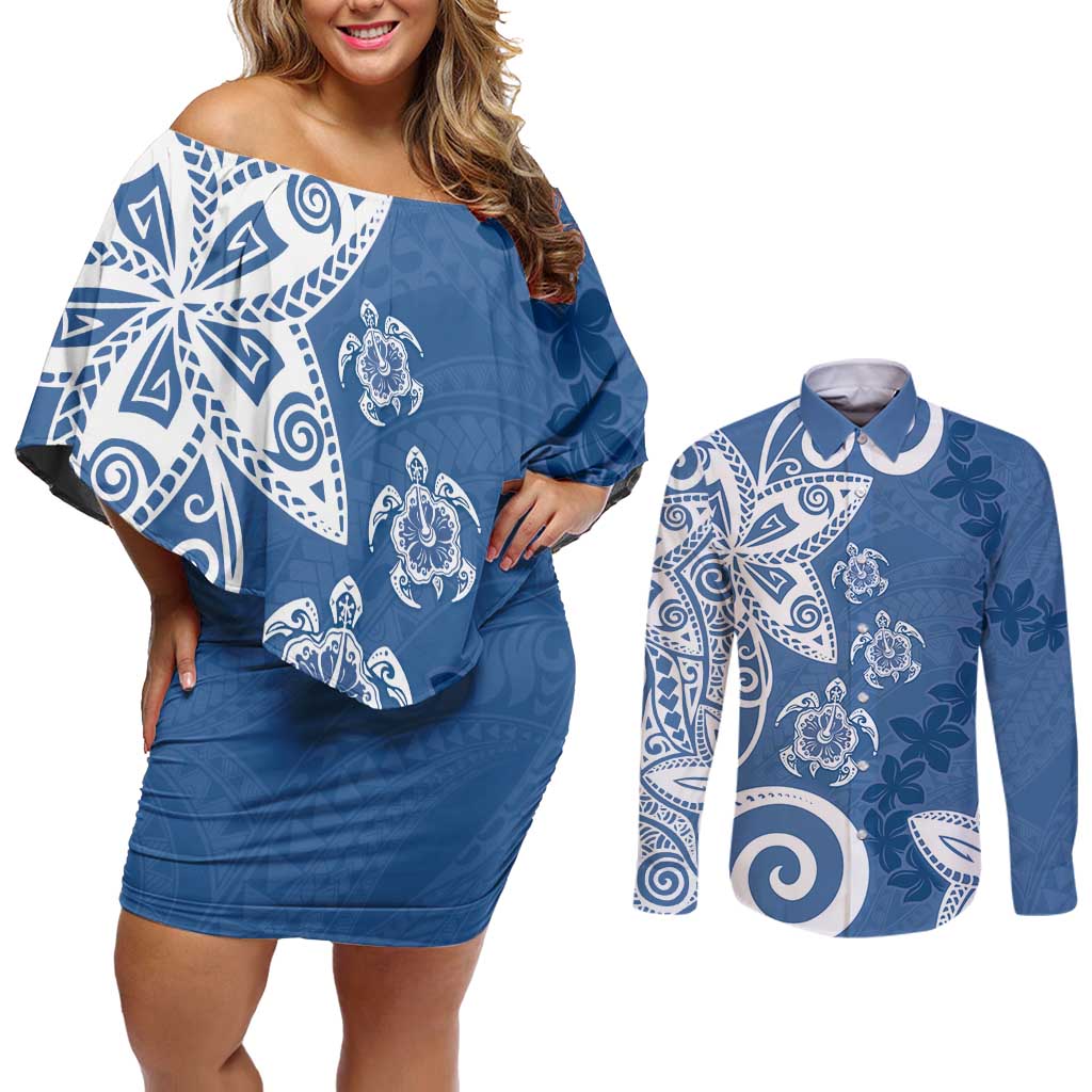 Polynesia Couples Matching Off Shoulder Short Dress and Long Sleeve Button Shirt Blue Tribal Turtle Floral Pattern LT05 Blue - Polynesian Pride