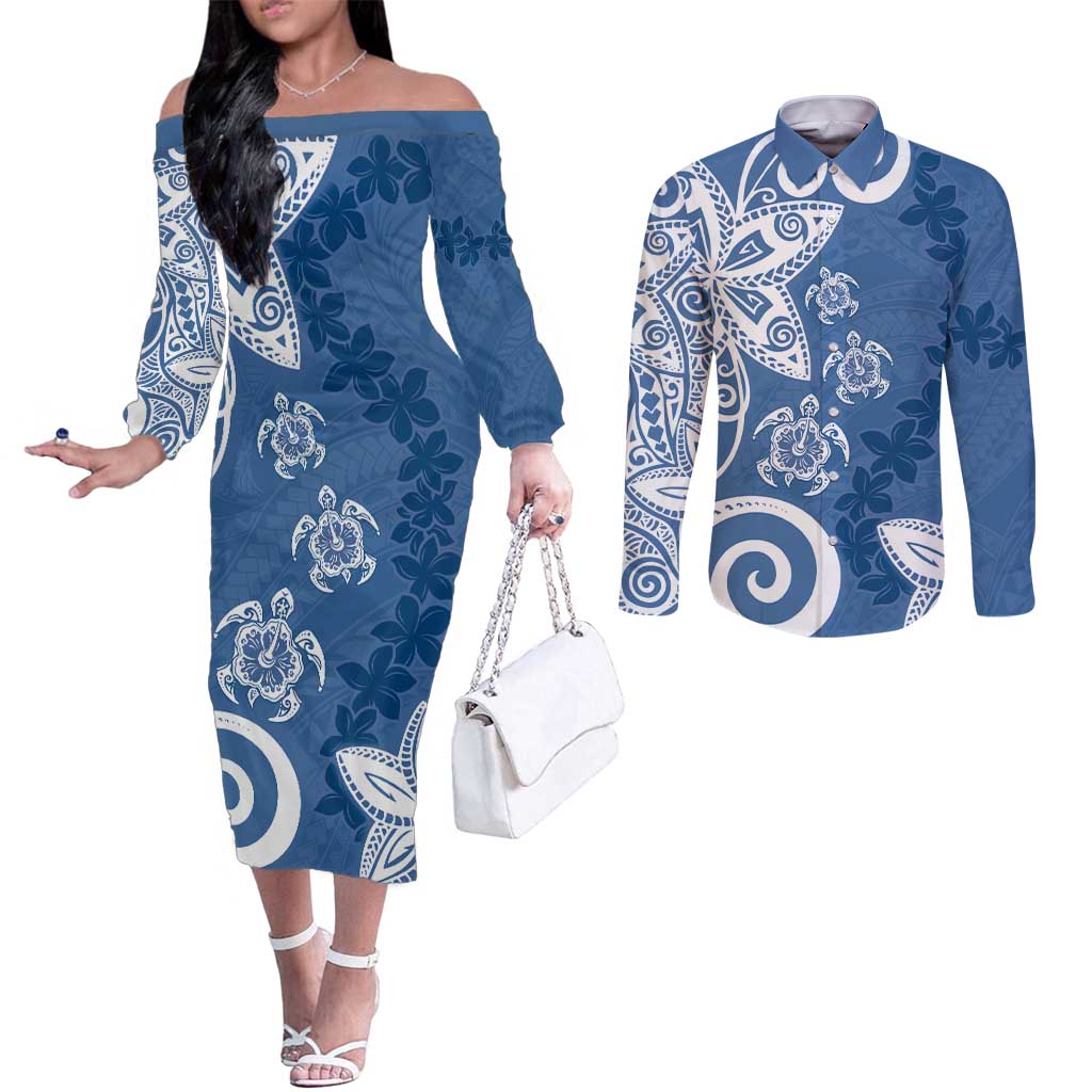 Polynesia Couples Matching Off The Shoulder Long Sleeve Dress and Long Sleeve Button Shirt Blue Tribal Turtle Floral Pattern LT05 Blue - Polynesian Pride