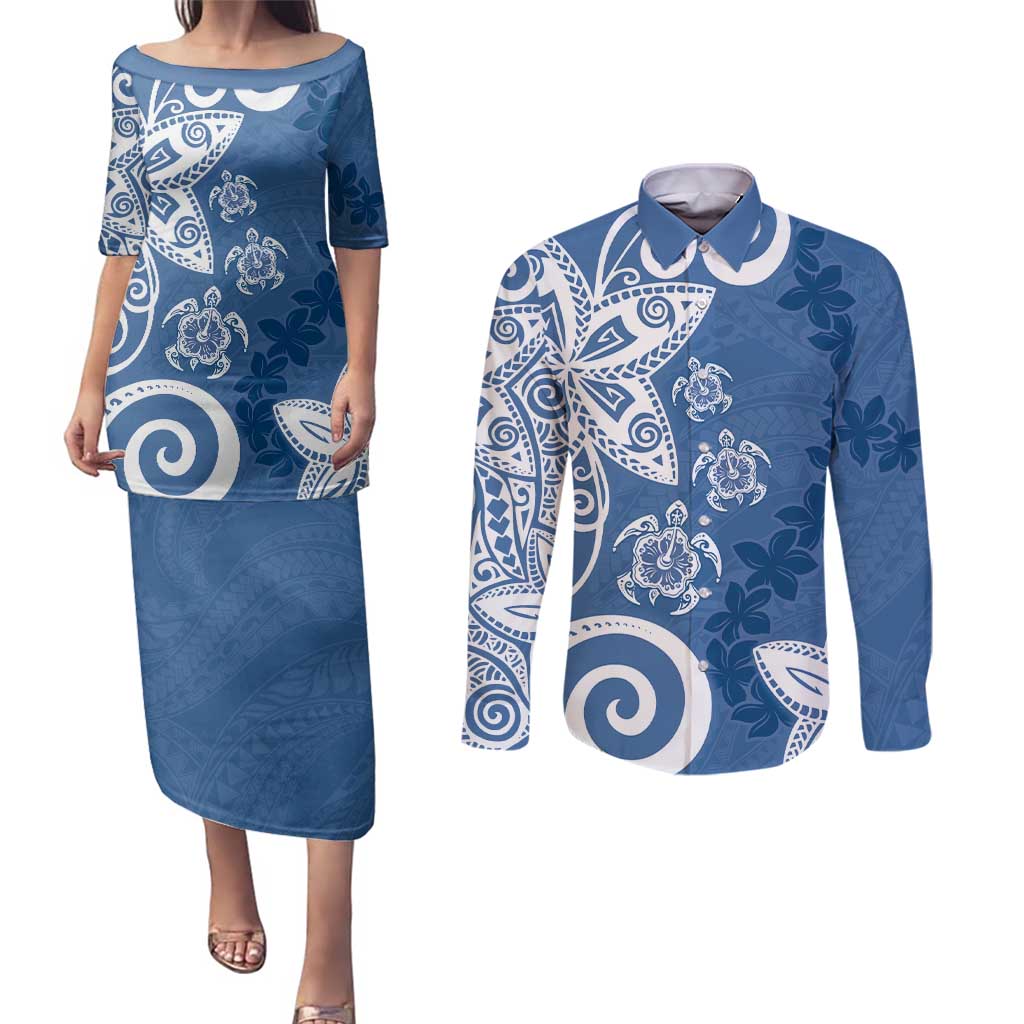 Polynesia Couples Matching Puletasi and Long Sleeve Button Shirt Blue Tribal Turtle Floral Pattern LT05 Blue - Polynesian Pride