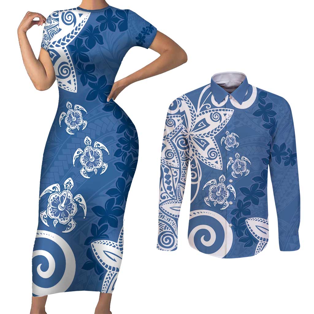 Polynesia Couples Matching Short Sleeve Bodycon Dress and Long Sleeve Button Shirt Blue Tribal Turtle Floral Pattern LT05 Blue - Polynesian Pride
