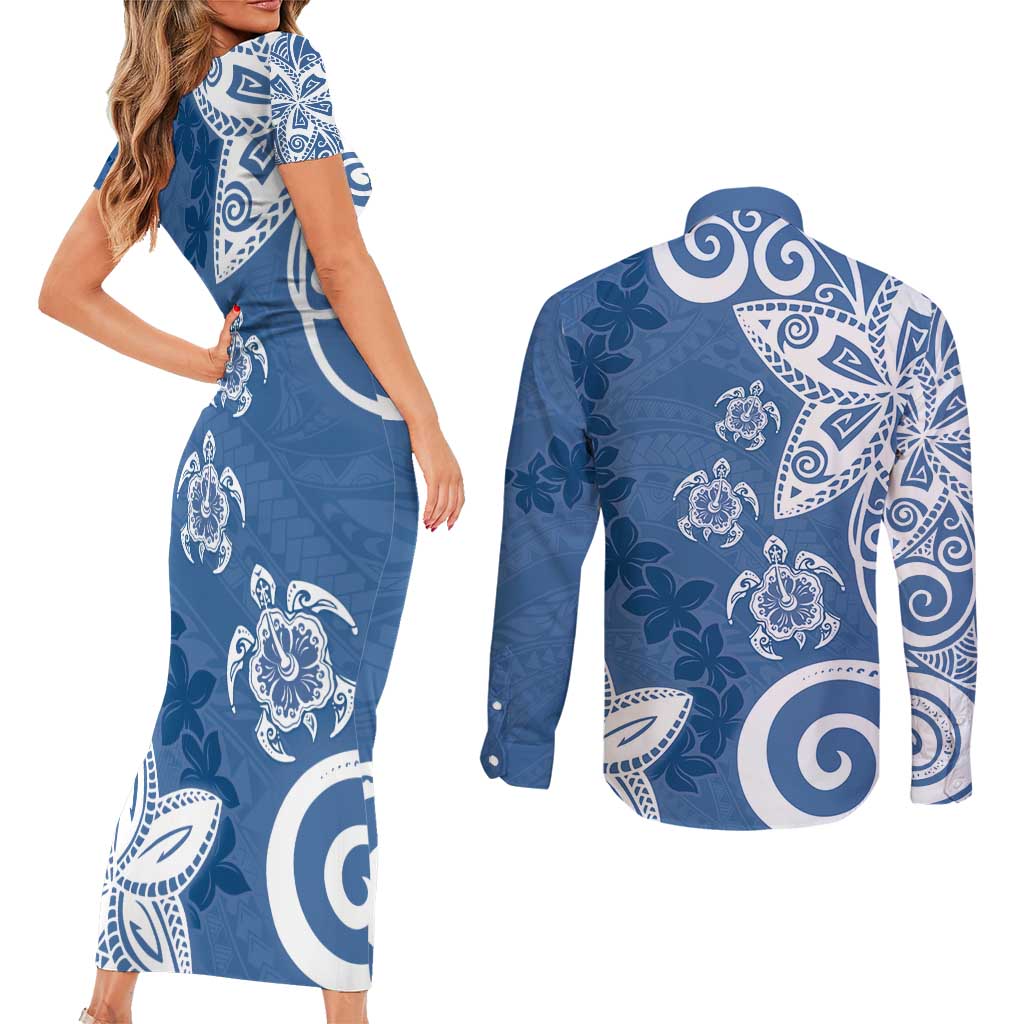 Polynesia Couples Matching Short Sleeve Bodycon Dress and Long Sleeve Button Shirt Blue Tribal Turtle Floral Pattern