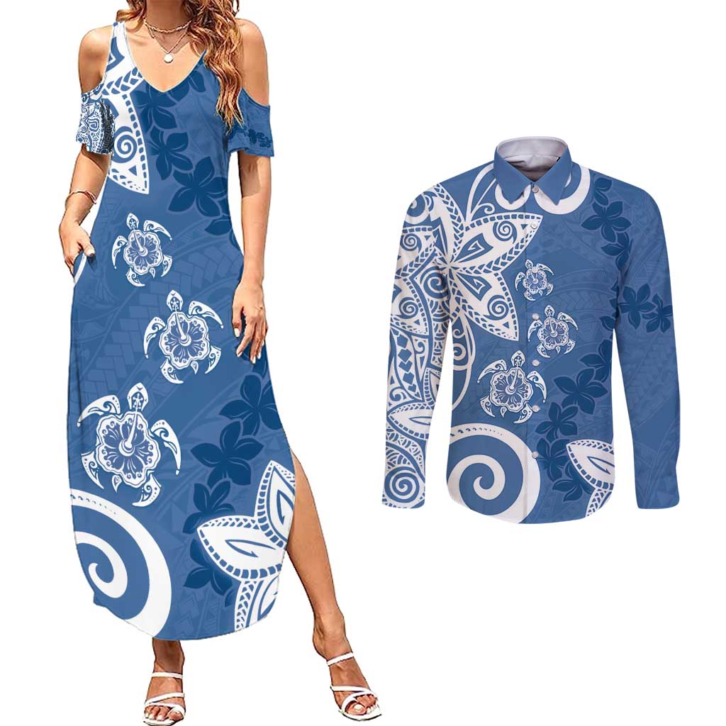 Polynesia Couples Matching Summer Maxi Dress and Long Sleeve Button Shirt Blue Tribal Turtle Floral Pattern LT05 Blue - Polynesian Pride