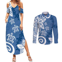 Polynesia Couples Matching Summer Maxi Dress and Long Sleeve Button Shirt Blue Tribal Turtle Floral Pattern