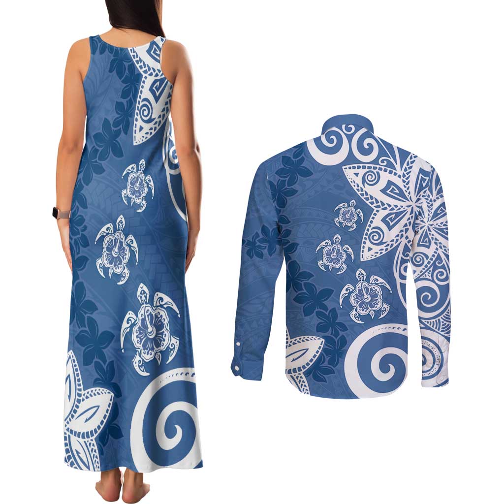 Polynesia Couples Matching Tank Maxi Dress and Long Sleeve Button Shirt Blue Tribal Turtle Floral Pattern