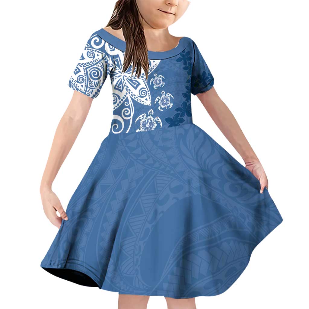 Polynesia Family Matching Off Shoulder Short Dress and Hawaiian Shirt Blue Tribal Turtle Floral Pattern