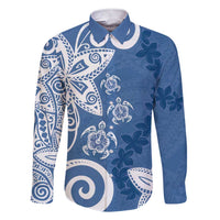 Polynesia Family Matching Short Sleeve Bodycon Dress and Hawaiian Shirt Blue Tribal Turtle Floral Pattern LT05 Dad's Shirt - Long Sleeve Blue - Polynesian Pride