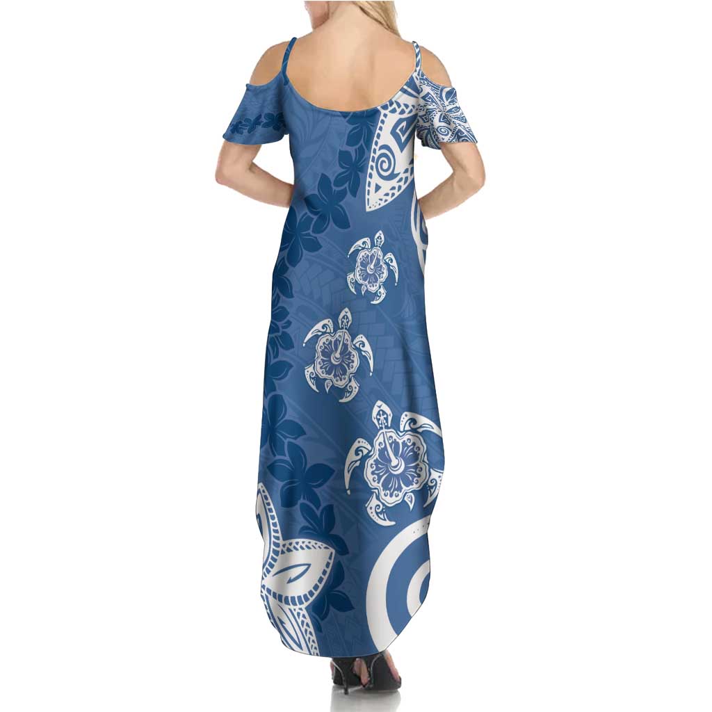 Polynesia Family Matching Summer Maxi Dress and Hawaiian Shirt Blue Tribal Turtle Floral Pattern