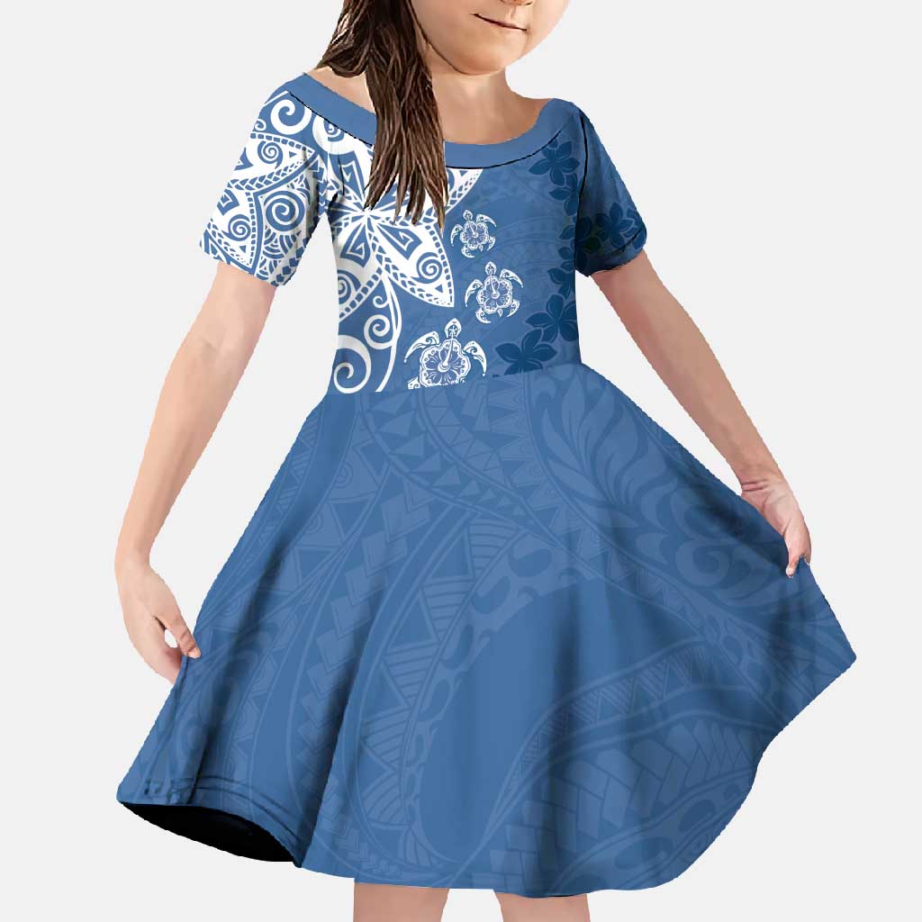 Polynesia Family Matching Tank Maxi Dress and Hawaiian Shirt Blue Tribal Turtle Floral Pattern LT05 Daughter's Dress Blue - Polynesian Pride